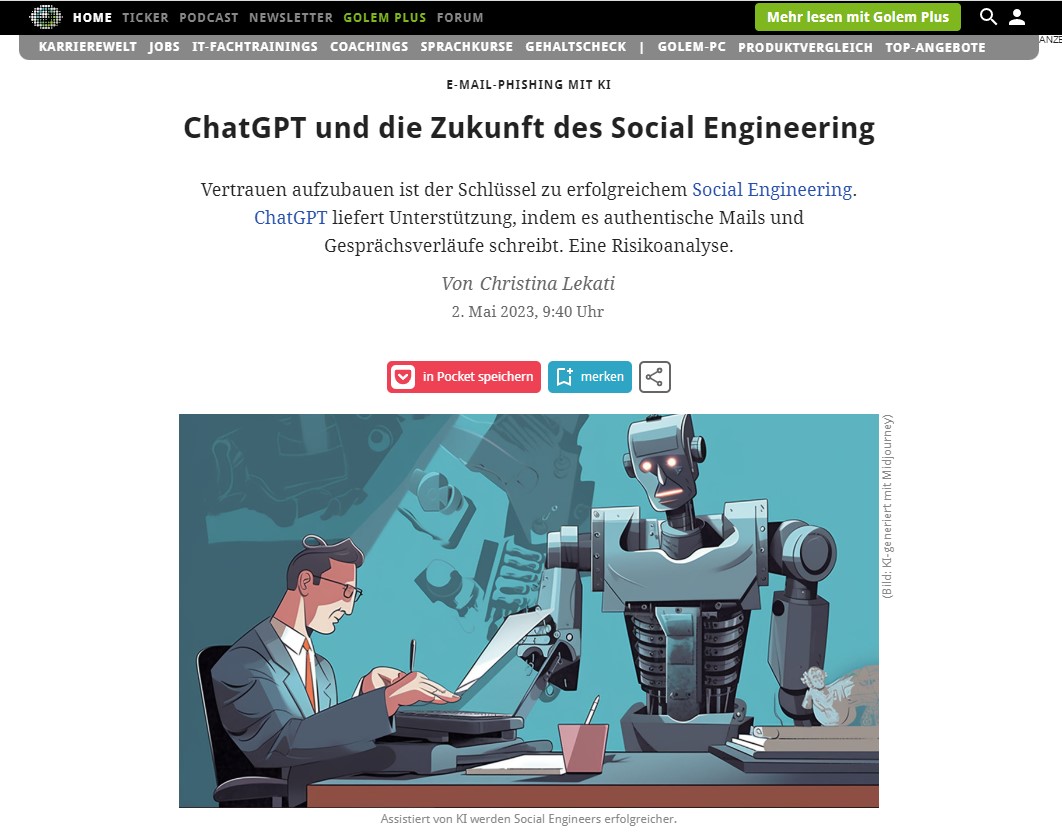 Christina Lekati, Article for Golem.de (in German): “ChatGPT und die Zukunft des Social Engineering”